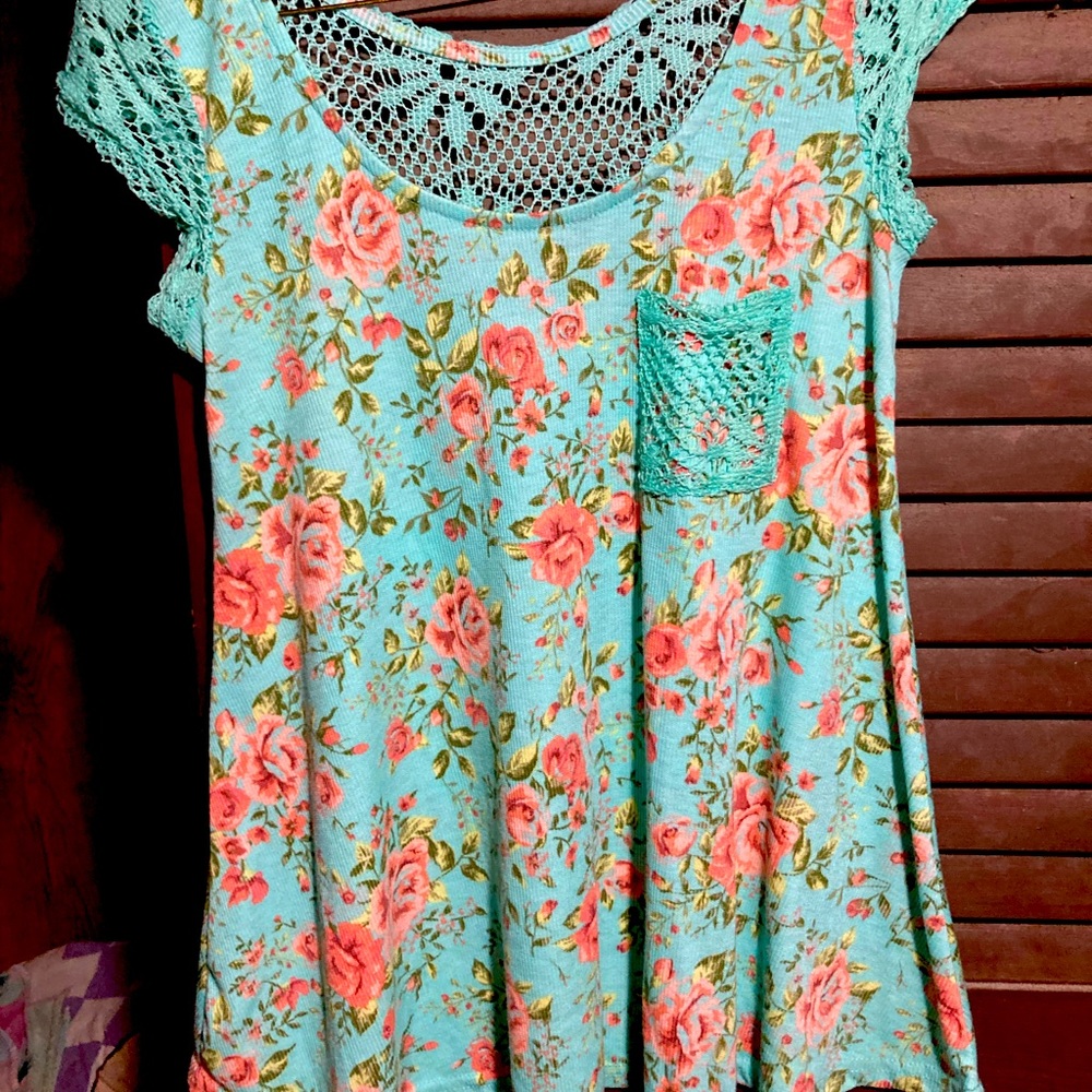 Rue 21 Aqua Floral Shirt with Lacy Details